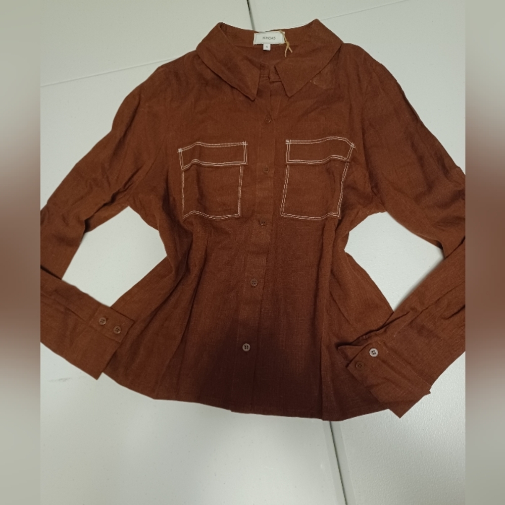 RIHOAS Brown Button Down Shirt with Cuffed Sleeves and Collar